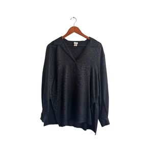 Eileen Fisher Black 100% Silk Floral Jacquard Button Down Shirt Relaxed Fit M